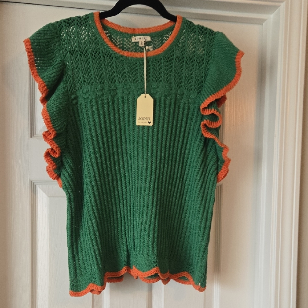 JODIFL Green Knit Shell with Coral Trim